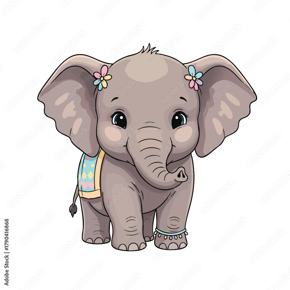 Naklejka premium Cute baby elephant with flowers in ears and decorated blanket