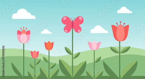 Colorful flat design illustration of a cheerful spring landscape featuring vibrant blooming flowers and a playful butterfly amidst rolling green hills and fluffy white clouds