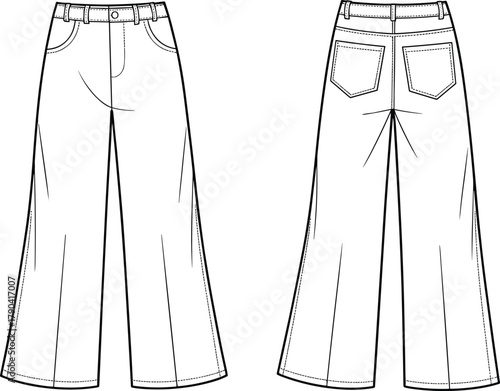 Fashion flat sketch of wide leg jeans front and back view technical drawing vector template for apparel design illustration