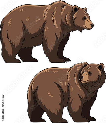 Grizzly Bear Vector Set: Majestic Brown Bears in Various Poses, Hand-Drawn Style for Nature, Wildlife, and Outdoor Designs.