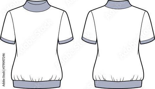 Modern short sleeve mock neck top fashion flat sketch vector illustration front and back view with ribbed hem and cuffs