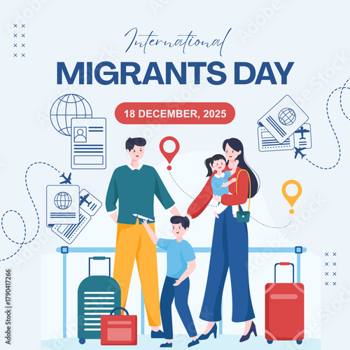 International Migrants Day 2025 illustration depicting a family with luggage at an airport, symbolizing travel and migration.