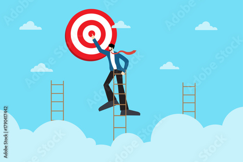 Businessman reaching target success. Leadership and goal achievement concept. Climbing ladder to reach business objectives and professional success illustration.