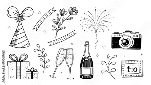 A clean vector-style layout of hand-drawn line icons representing a celebration theme — party hat, film camera, bouquet, champagne bottle, fireworks, and gift box — arranged neatly in a grid on a whit