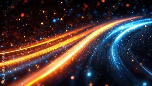 A vibrant abstract image featuring flowing lines of orange and blue light, creating a dynamic and energetic visual effect with sparkles.