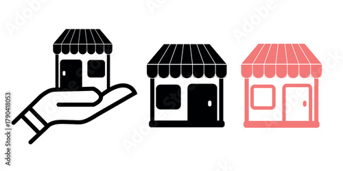 Hand holding a store icon, with additional shop fronts, for retail business Vector, illustration