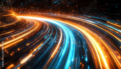 A vibrant swirl of orange and blue light trails creates a dynamic, futuristic effect, reminiscent of motion and energy in a digital landscape.