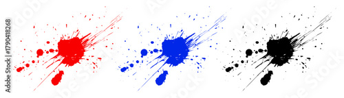 Ink splashes and paint drops. Red, blue and black blots in flat vector style. Perfect for posters, graffiti, backgrounds, abstract design.