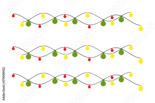 Wavy string of colorful festive lights with red yellow green bulbs design isolated on transparent background