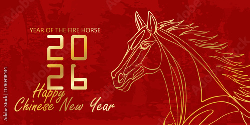 2026 Chinese New Year of the Red Fire Horse Banner Template with Modern Line Art Golden Horse on Red Background. Design Happy Holidays Greeting Card and Invitation of Chines Happy New Year