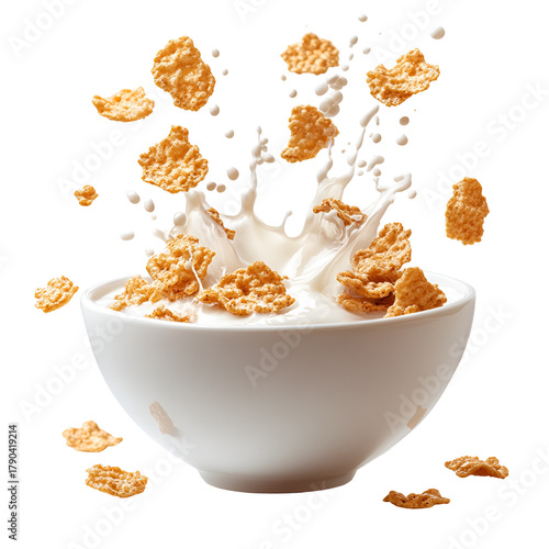 Crunchy cereal with milk splash in a bowl