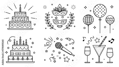 Simple black-and-white line art illustration featuring a grid of party and celebration icons: tiered cake, masquerade mask, microphone, disco ball, champagne tower, balloons, and confetti, all outline