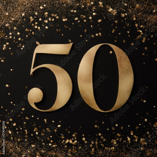 Elegant Gold Glitter Number Fifty on a Black Background for Celebration or Mi...