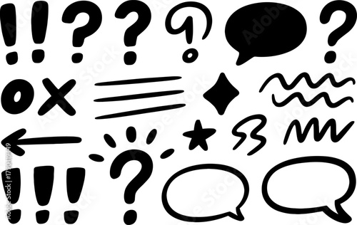 A collection of black and white hand drawn doodles including punctuation and speech bubbles