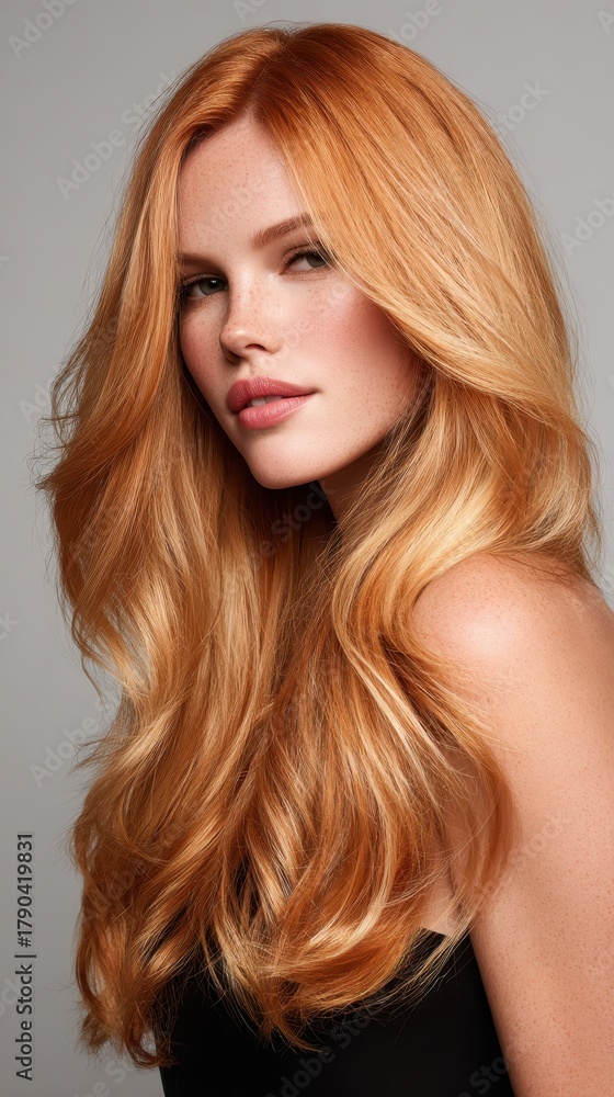 Naklejka premium Woman with glowing skin and beautiful long red hair flowing over her bare shoulder, showcasing natural beauty, elegance, and healthy hair, perfect for concepts of wellness and fashion