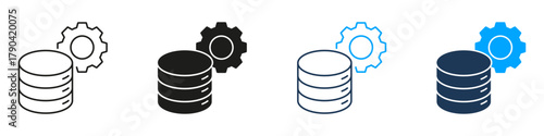 Database With Gear Server Settings Line and Solid Icon Set. Data Storage Management Configuration Symbol Collection. Isolated Vector Illustration