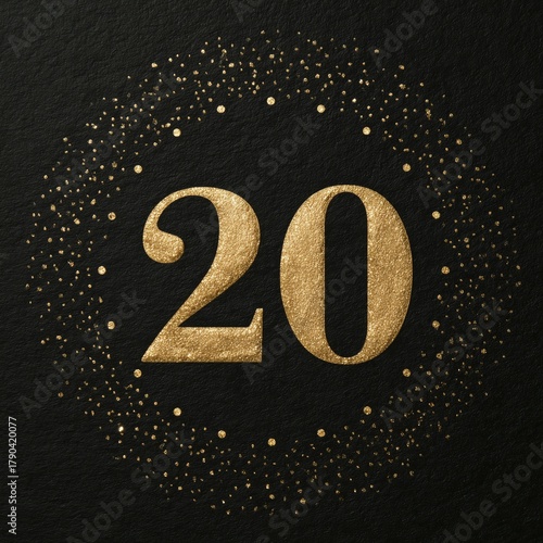 Gold and Black Design Featuring the Number Twenty With Glittering Details and...
