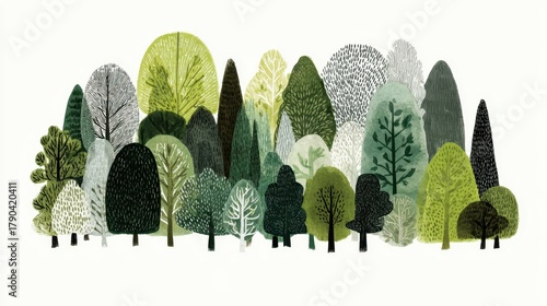 Stylized watercolor forest illustration presenting a diverse woodland scene with various hand drawn green trees, creating a simple, decorative nature background