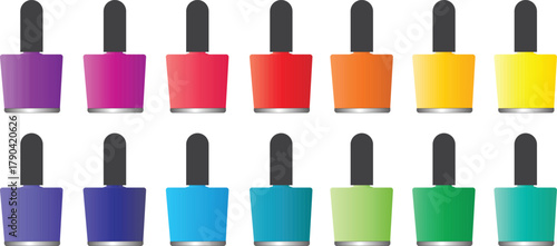 Colorful nail polish bottle set in rainbow shades isolated on white background for beauty and cosmetic design.