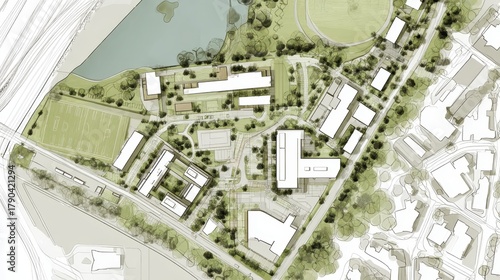 Urban planning conceptual rendering showcasing a master plan for a sustainable green residential and commercial development with buildings, roads, parks, and a lake