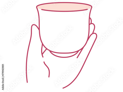 赤い線画の手とカップのミニマルイラスト