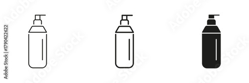 Liquid Soap Dispenser In Line, Outline, And Glyph Icon Set. Hygiene And Personal Care Symbol Collection. Ideal For Bathroom, Skincare, And Cleanliness Applications. Isolated Vector Illustration
