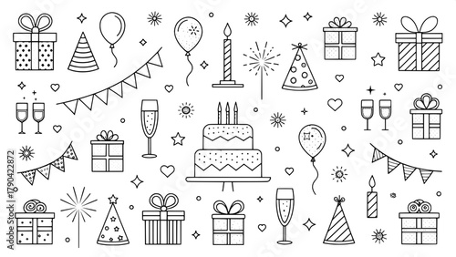 A seamless grid of minimalist line art icons celebrating festive occasions, including a cake with candles, party flags, balloons, champagne glasses, and gifts, drawn with clean black lines on a white 