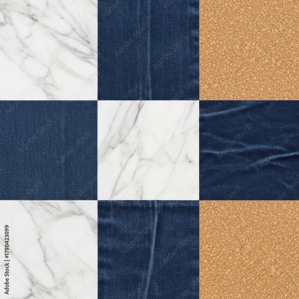 Fototapeta premium A checkerboard pattern composed of marble, denim, and cork textures