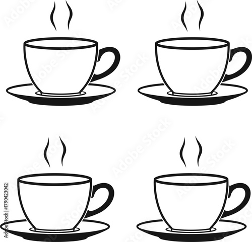 Minimalist Vector Outline Illustration of Four Steaming Hot Coffee or Tea Cups with Saucers, Ideal for Cafe and Beverage Designs