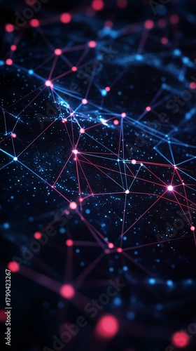 Colorful Glowing Lines and Nodes Create a Complex Network Against a Dark Back...
