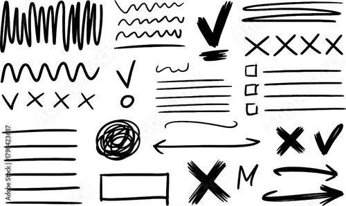 A collection of hand drawn doodle elements including lines shapes checkmarks and arrows
