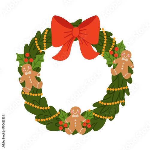 Vector hand drawn Christmas wreath decorated with red bow, gingerbread man, holly leaves and berries. Holiday design element isolated on white background