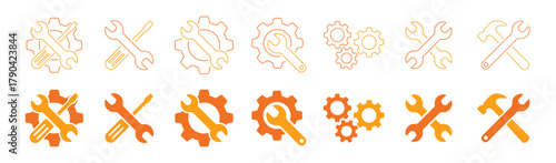 Set of orange repair and maintenance tool icons with wrench screwdriver and gear symbol vector illustration on transparent background