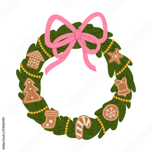 Vector hand drawn Christmas wreath decorated with pink bow and gingerbread cookies. Holiday design element isolated on white background