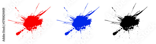 Vector ink splashes and stains. Red, blue and black paint drops and blots in flat minimal style. Ideal for background design, creative prints, digital illustration.