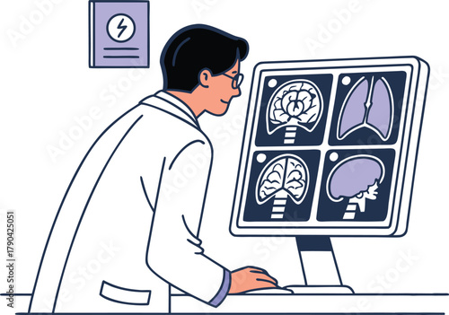 Radiologist analyzing multiple digital scans of the brain and lungs on a monitor for detailed diagnosis