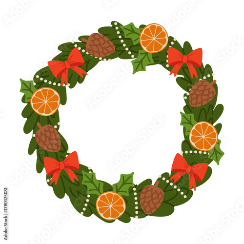 Vector hand drawn Christmas wreath decorated with red bows, orange slice, pinecone. Holiday design element isolated on white background