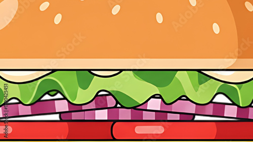 Delicious close-up of a juicy hamburger with fresh lettuce and red onion