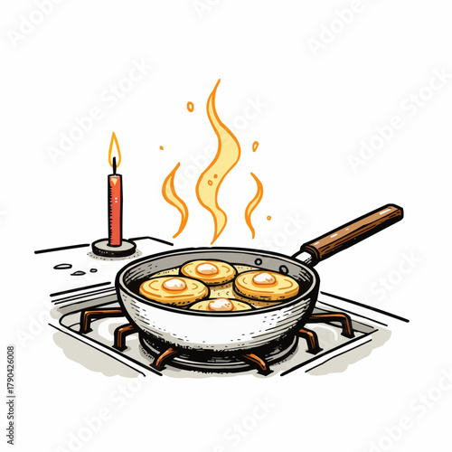 Potato pancakes frying on stove with candlelight in background, sketchy doodle style  