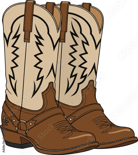 Pair of Classic Cowboy Boots with Intricate Stitching and Harness Detail, Isolated Vector Illustration for Western Themes.