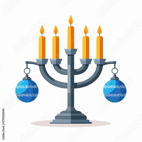 Modern and sleek flat vector design of menorah with candles and ornaments  