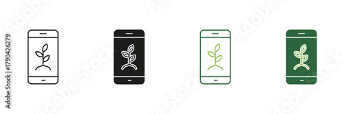 Smartphone With Plant Line And Solid Icon Set. Digital Agriculture, Eco-Friendly Technology, Sustainable Farming. Mobile Innovation In Environmental Monitoring. Isolated Vector Illustration