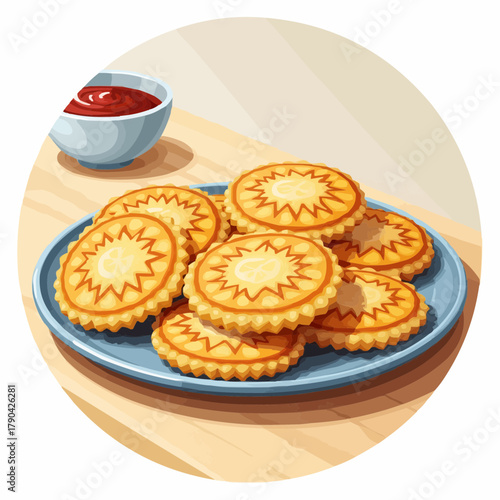 Latkes on plate with golden brown edges on wooden table in modern style  