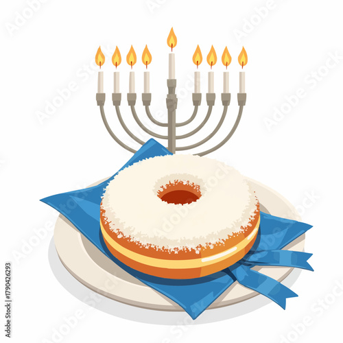Sufganiyah jelly donut on table beside menorah and blue ribbon  