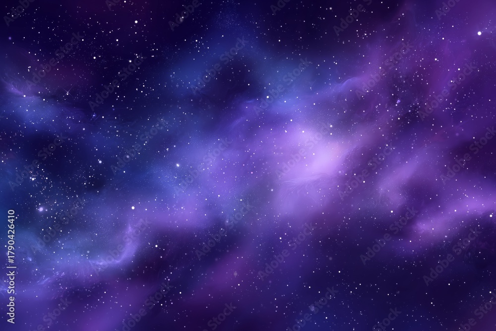 Naklejka premium Vibrant Purple and Blue Cosmic Clouds Fill the Night Sky With Bright Stars Shining in the Vast Universe