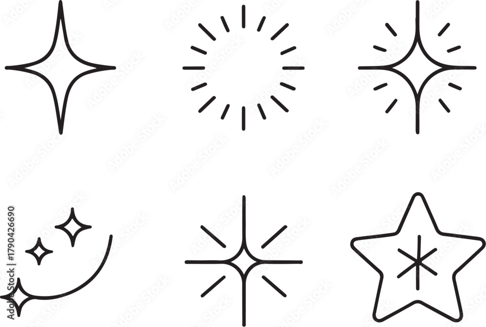 Fototapeta premium Six stylized sparkle forms black and white vector illustration.eps