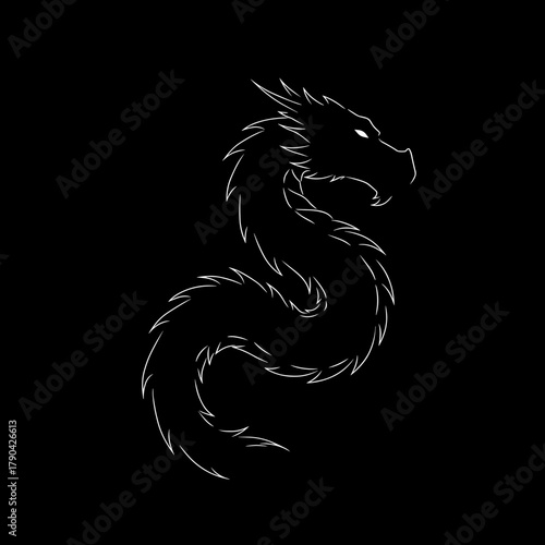 
serpentine dragon white outline on black background for fantasy gaming logo, mythical creature design, t-shirt printing, or digital wallpaper and apparel branding