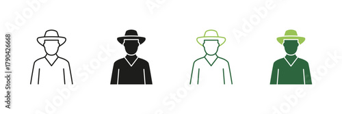 Farmer Avatar Line And Solid Icon Set. Agricultural Worker, Rancher, And Farming Professional Symbol Collection. Rural Lifestyle And Agriculture Representation. Isolated Vector Illustration