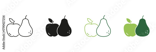 Apple And Pear Line And Solid Icon Set. Fruit Pairing, Healthy Eating, And Nutrition Symbol Collection. Fresh Produce And Dietary Choices Representation. Isolated Vector Illustration