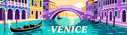 Colorful Venice illustration with gondolas on textured background